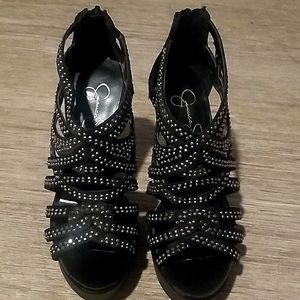 Black Platform Satin Jewled 4.5" High Heel